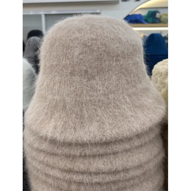 Autumn Winter Wool Fur Cap for Women Soft Warm Wool Basin Bucket Hat