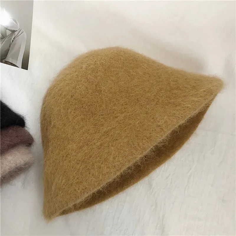 Autumn Winter Wool Fur Cap for Women Soft Warm Wool Basin Bucket Hat