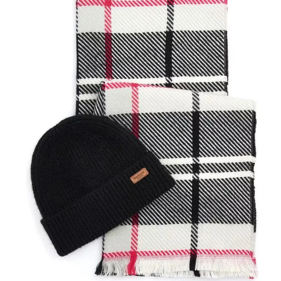 Barbour Pendle Beanie & Blair Scarf Gift Set In Hot Pink Monochrome