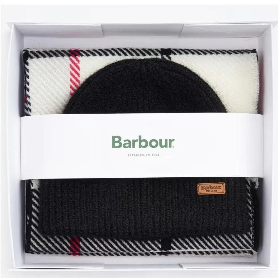 Barbour Pendle Beanie & Blair Scarf Gift Set In Hot Pink Monochrome