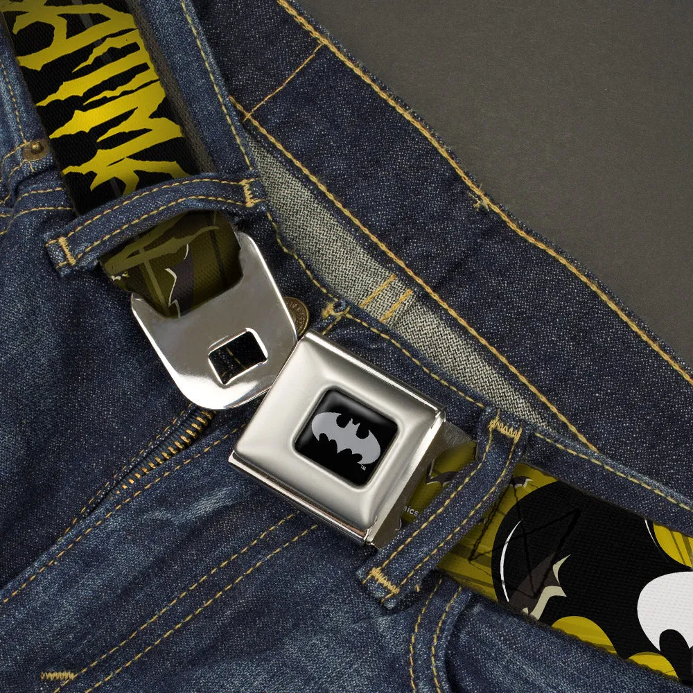 Batman Black Silver Seatbelt Belt - BATMAN w/Bat Signals & Flying Bats Yellow/Black/White Webbing