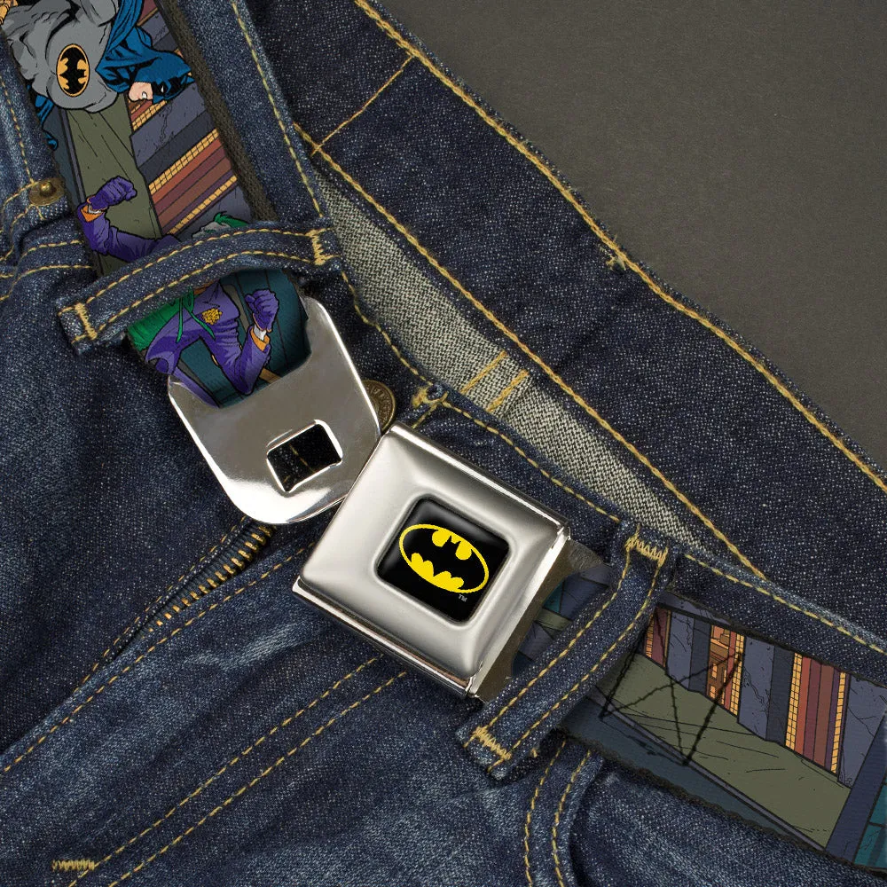 Batman Full Color Black Yellow Seatbelt Belt - Batman Battling Villains in Tunnel Webbing