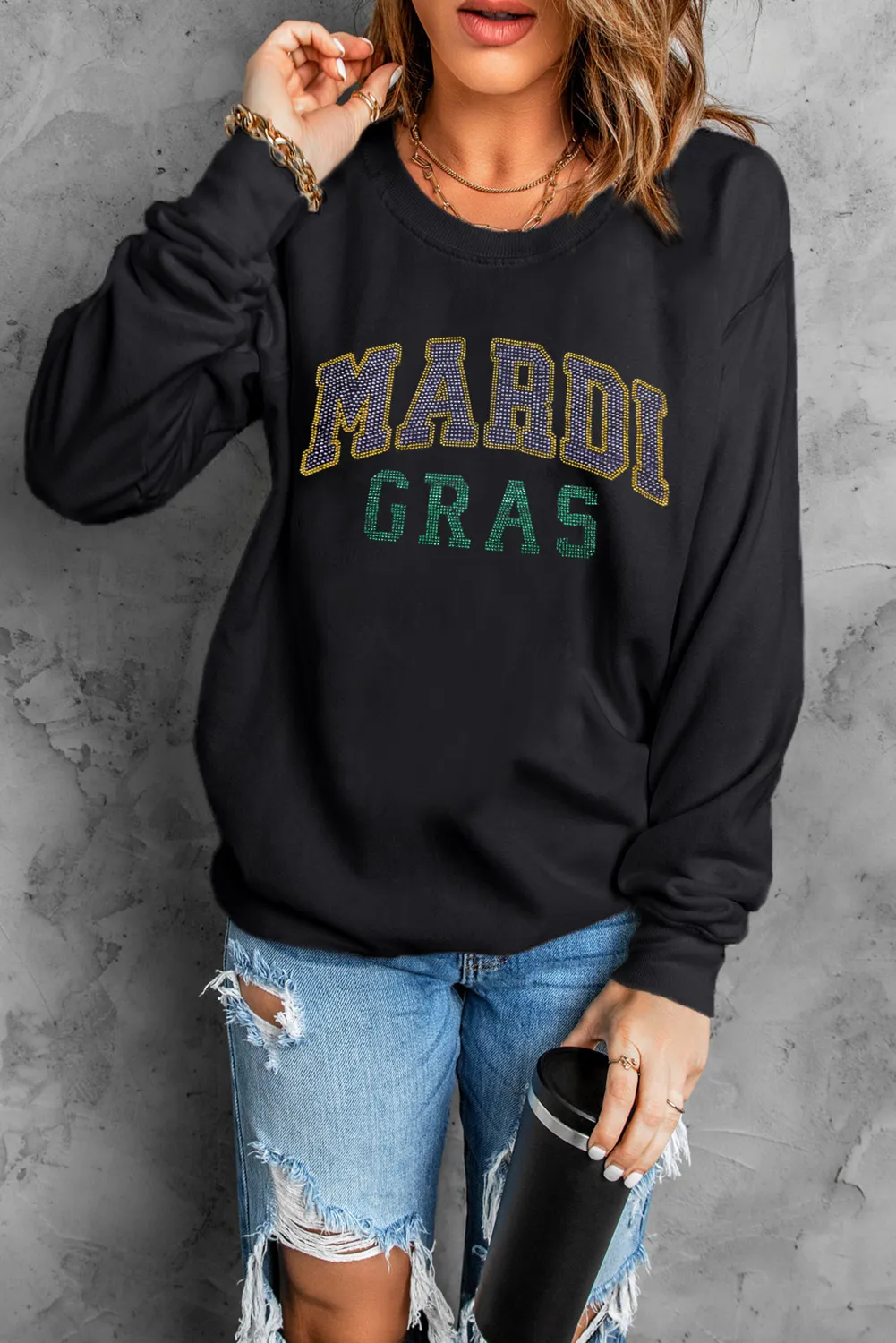 Black Rhinestone Mardi Gras Letter Graphic Drop Shoulder Sweatshirt