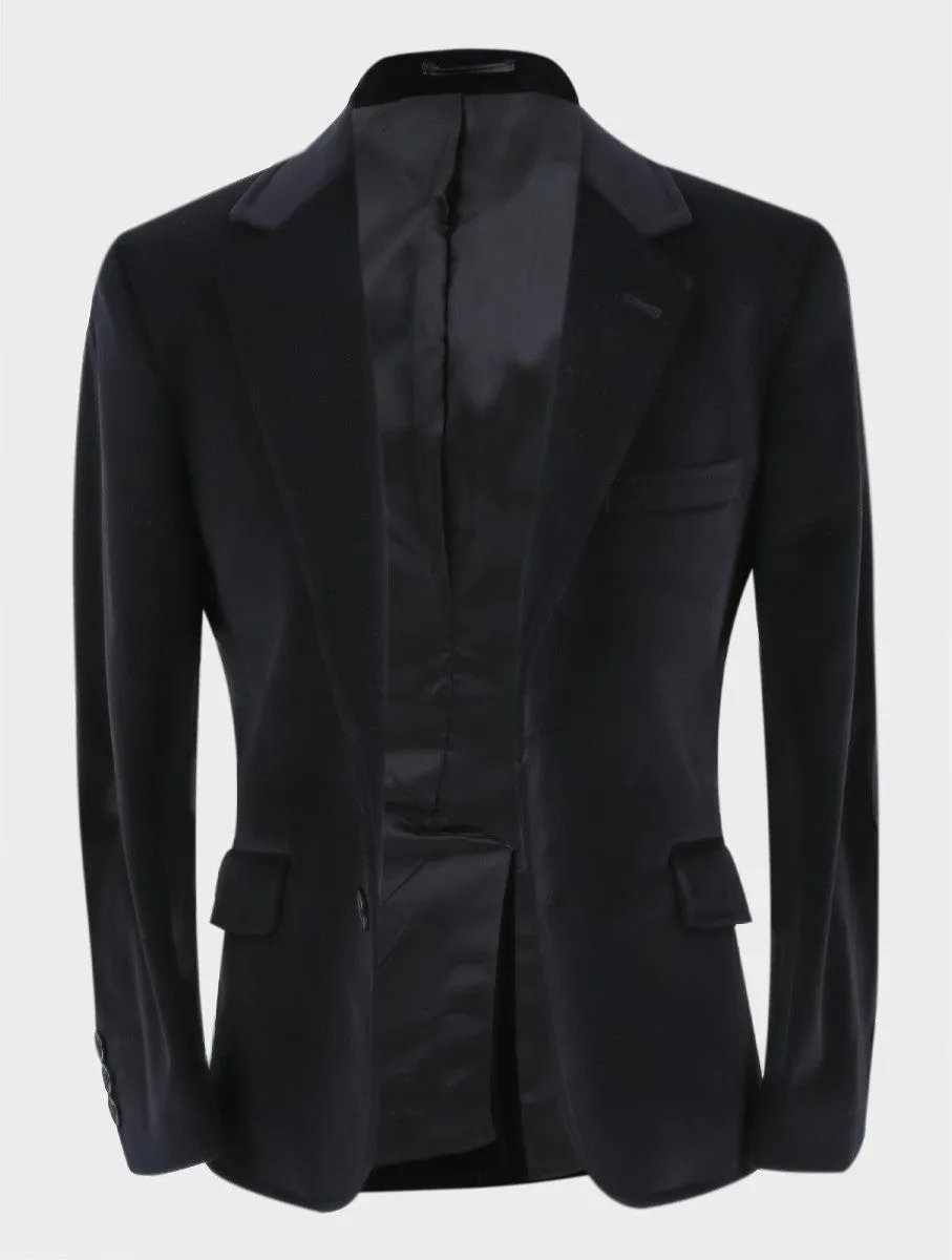 Boys Velvet Slim Fit Formal Blazer with Elbow Patches - Black