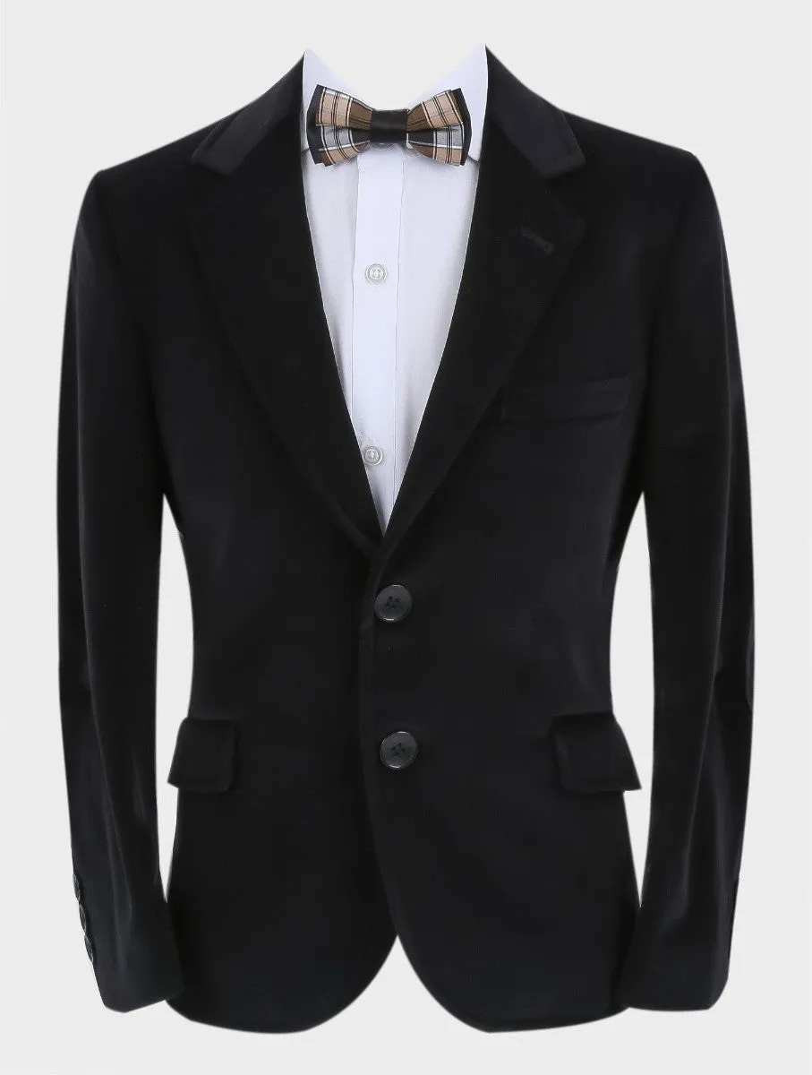 Boys Velvet Slim Fit Formal Blazer with Elbow Patches - Black