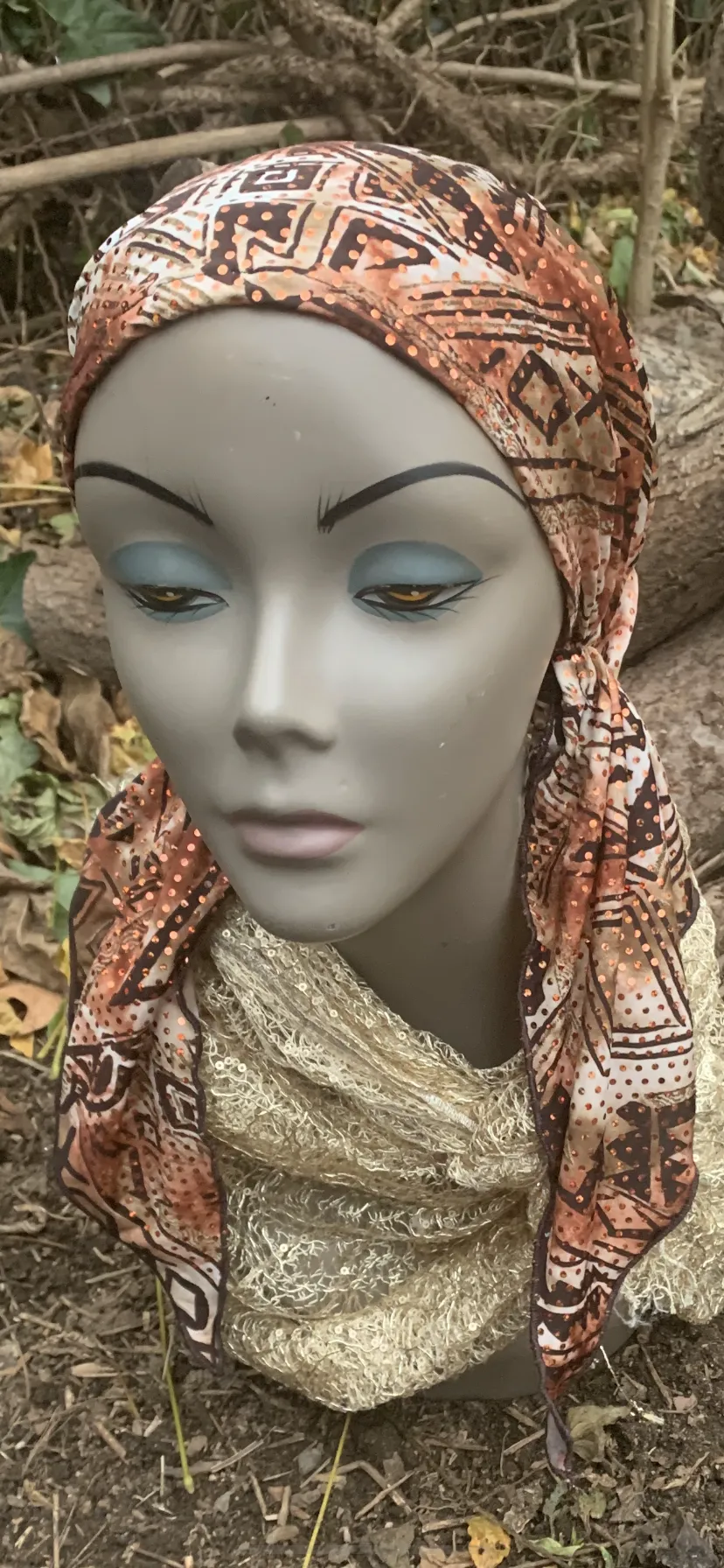 Brown Bronze Sequined Headscarf For Women | Pre Tied Hair Wrap Tichel | Dressy Modern Hijab | Made in the USA by Uptown Girl Headwear