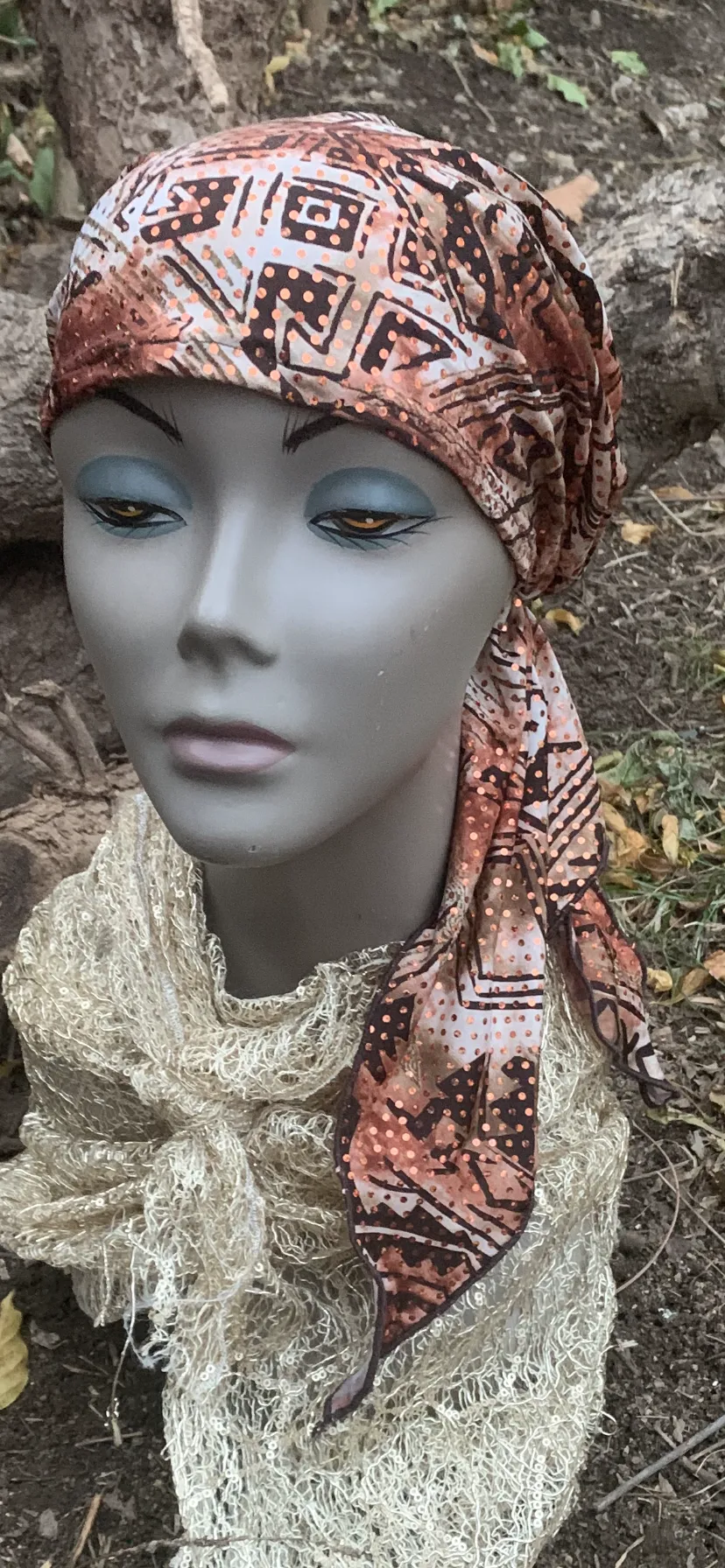 Brown Bronze Sequined Headscarf For Women | Pre Tied Hair Wrap Tichel | Dressy Modern Hijab | Made in the USA by Uptown Girl Headwear