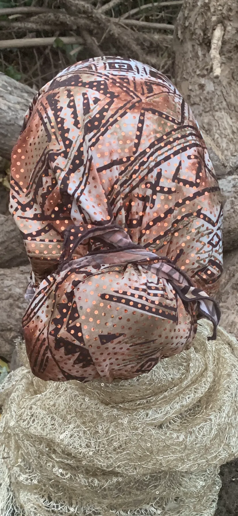 Brown Bronze Sequined Headscarf For Women | Pre Tied Hair Wrap Tichel | Dressy Modern Hijab | Made in the USA by Uptown Girl Headwear