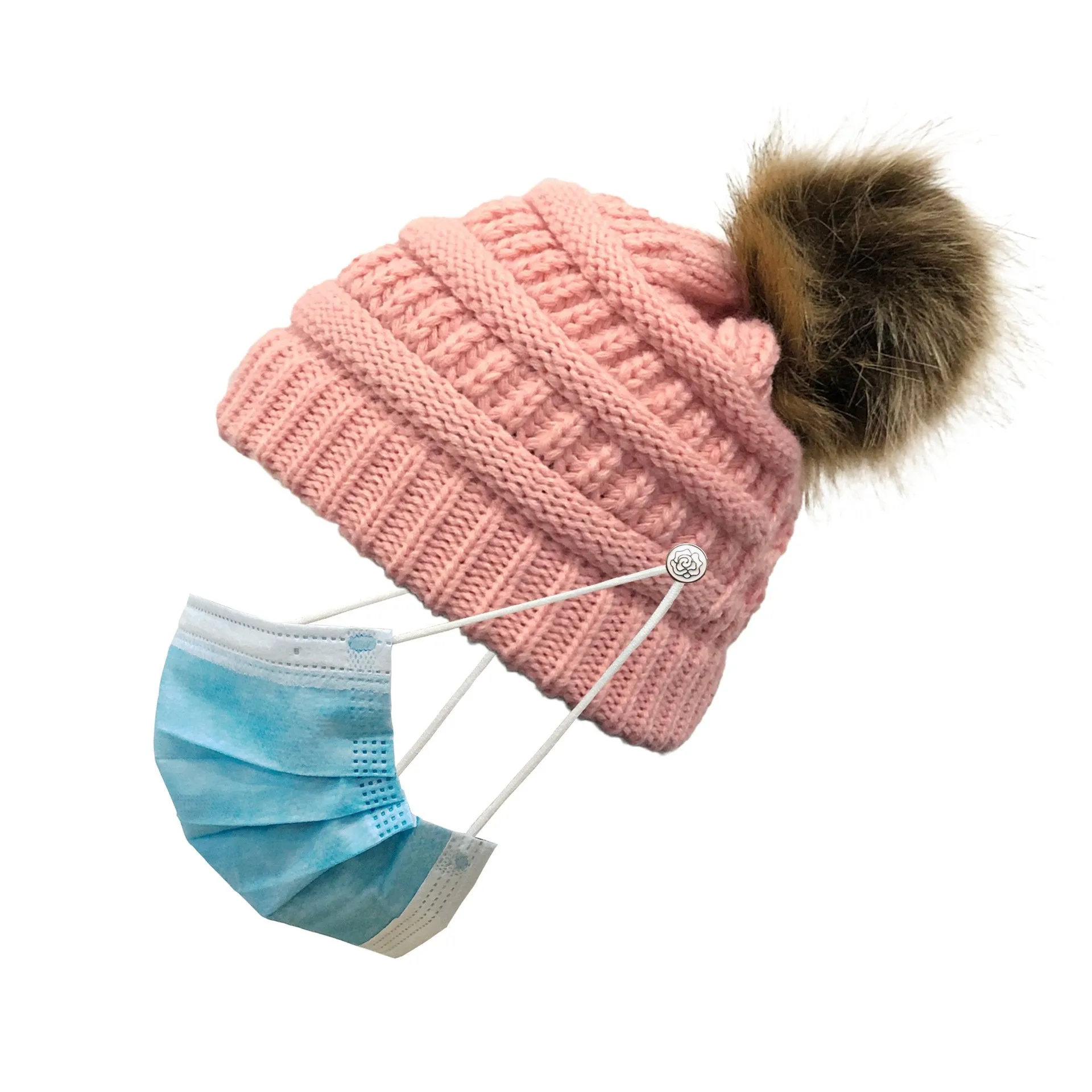 Crochet Ponytail Hat With Fur Pom Pom Mask Button Hat Hot Selling Knitted Hat Wool Ball Wool Hat Criss-cross