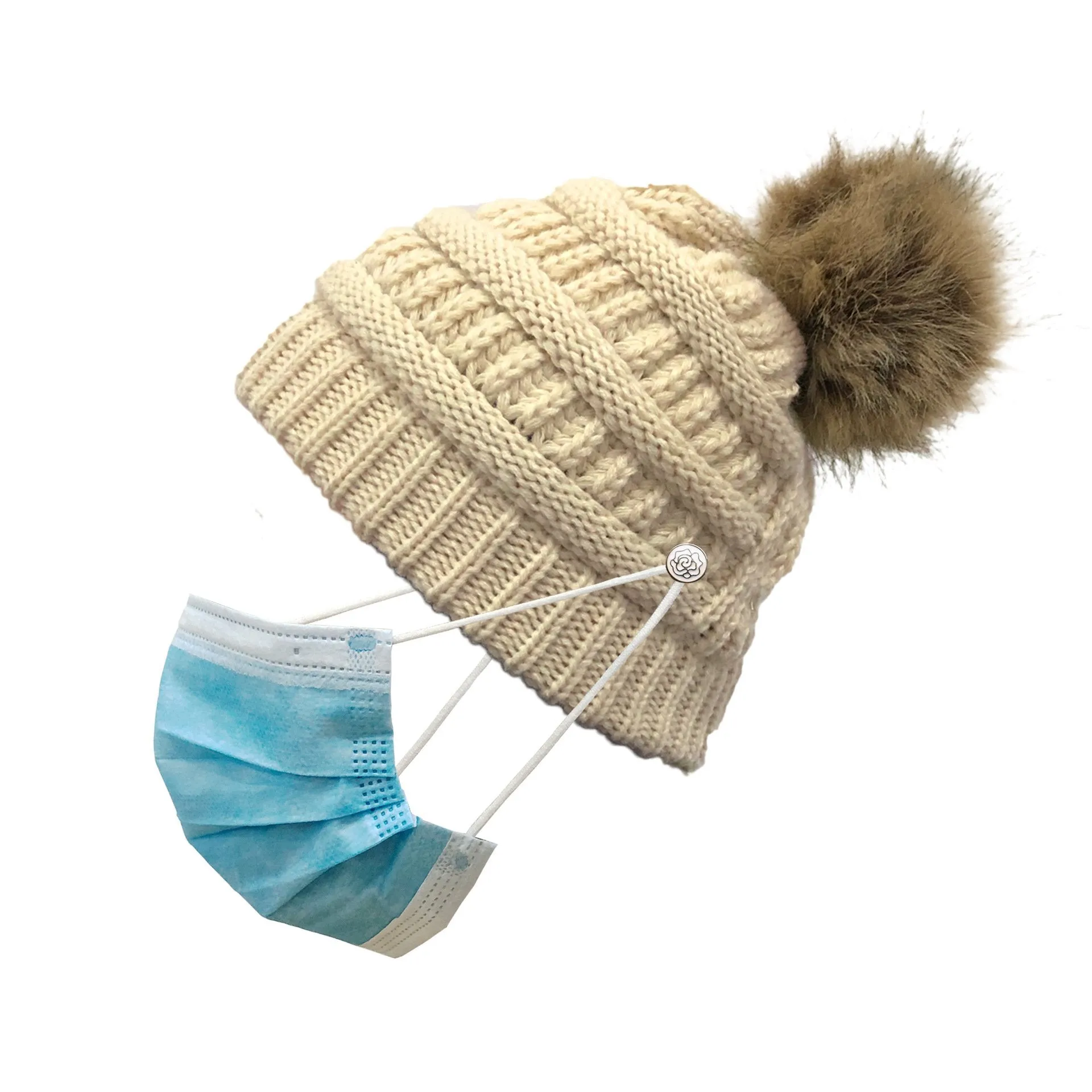 Crochet Ponytail Hat With Fur Pom Pom Mask Button Hat Hot Selling Knitted Hat Wool Ball Wool Hat Criss-cross