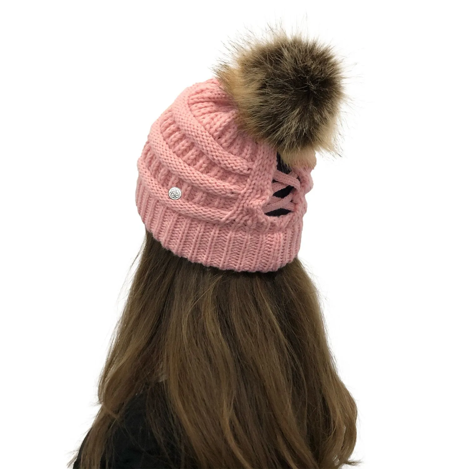 Crochet Ponytail Hat With Fur Pom Pom Mask Button Hat Hot Selling Knitted Hat Wool Ball Wool Hat Criss-cross