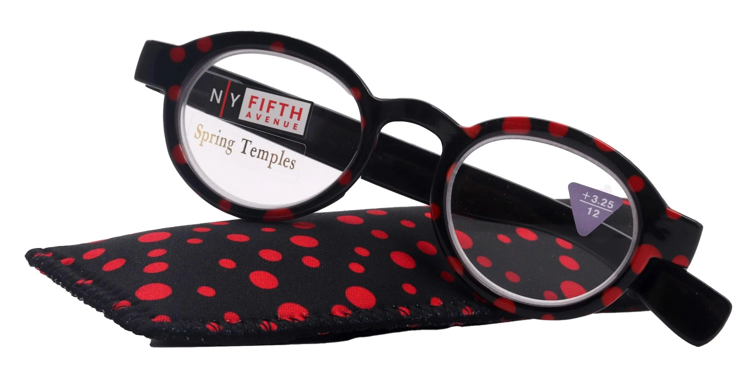 Dotty Chic, Round Reading Glasses for Women (Black) w Red frames with playful polka-dot pattern:  1.25  3  NY Fifth Avenue