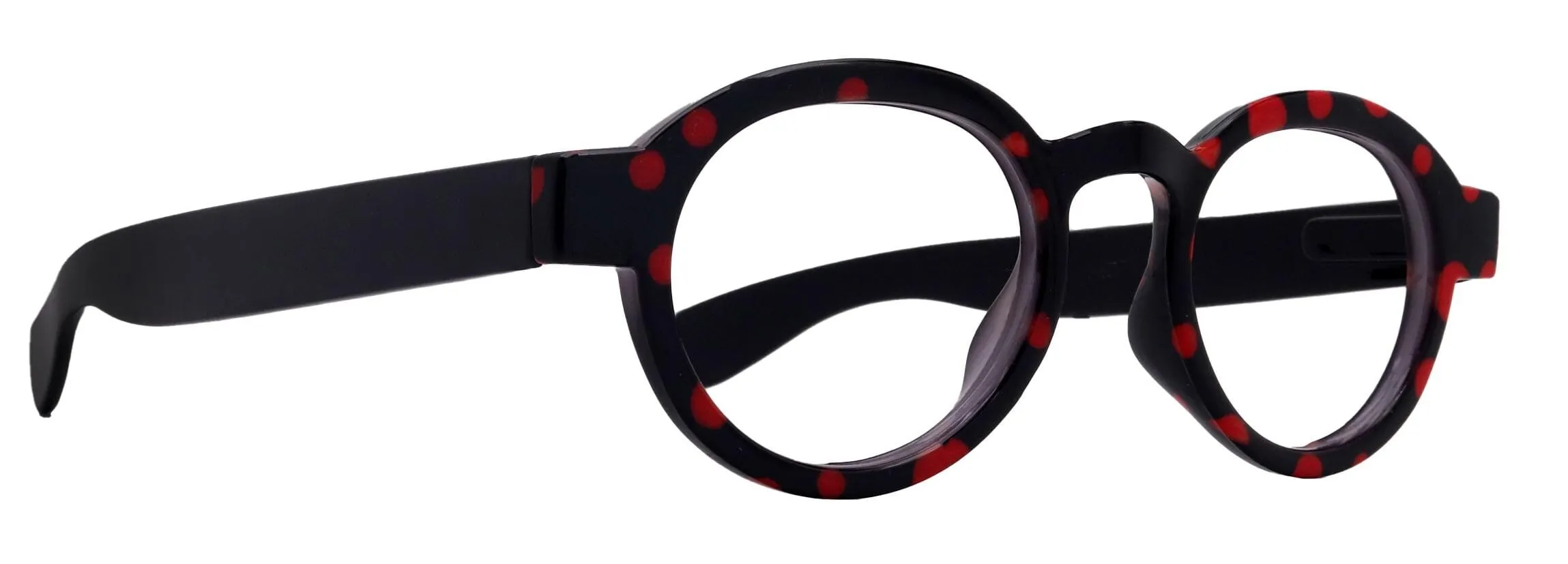 Dotty Chic, Round Reading Glasses for Women (Black) w Red frames with playful polka-dot pattern:  1.25  3  NY Fifth Avenue