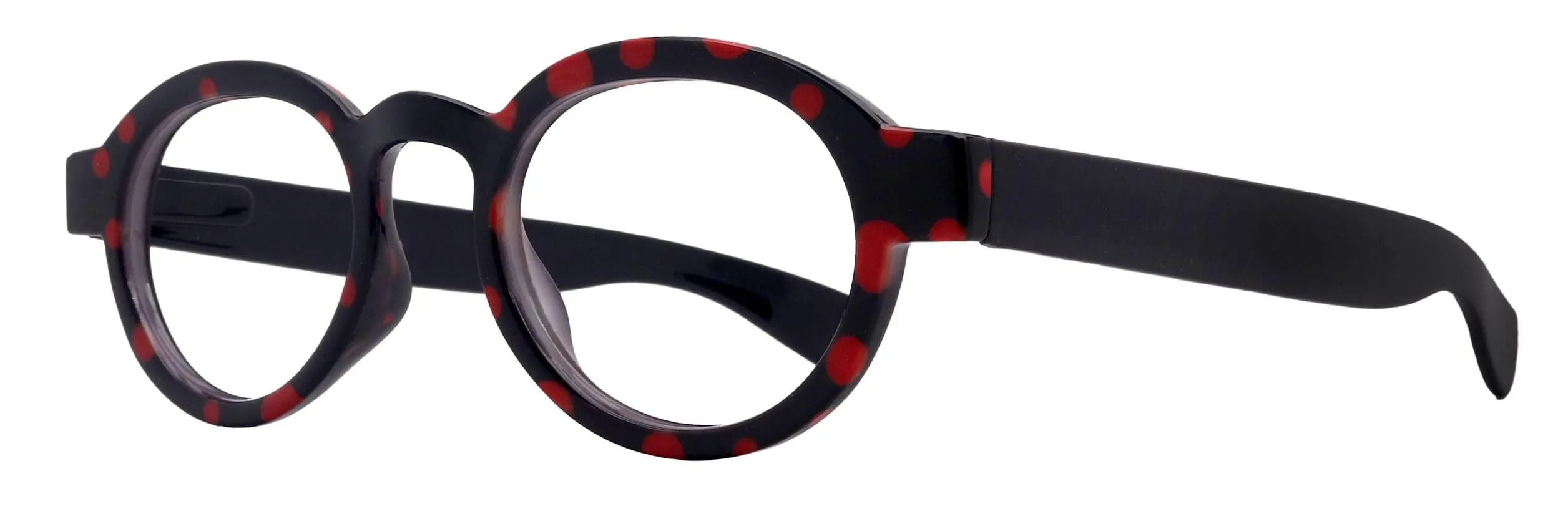 Dotty Chic, Round Reading Glasses for Women (Black) w Red frames with playful polka-dot pattern:  1.25  3  NY Fifth Avenue