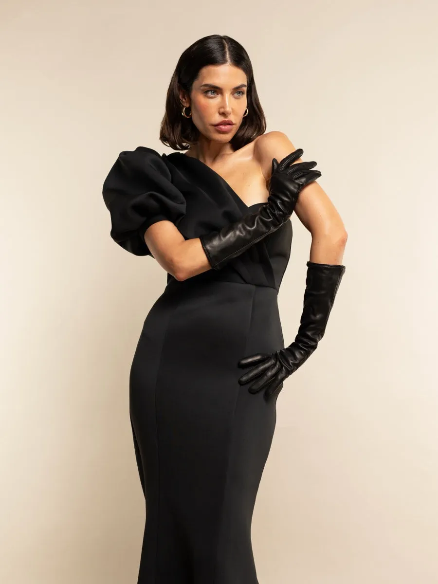 Elena (black) - Italian silk lined 8-button length leather opera gloves