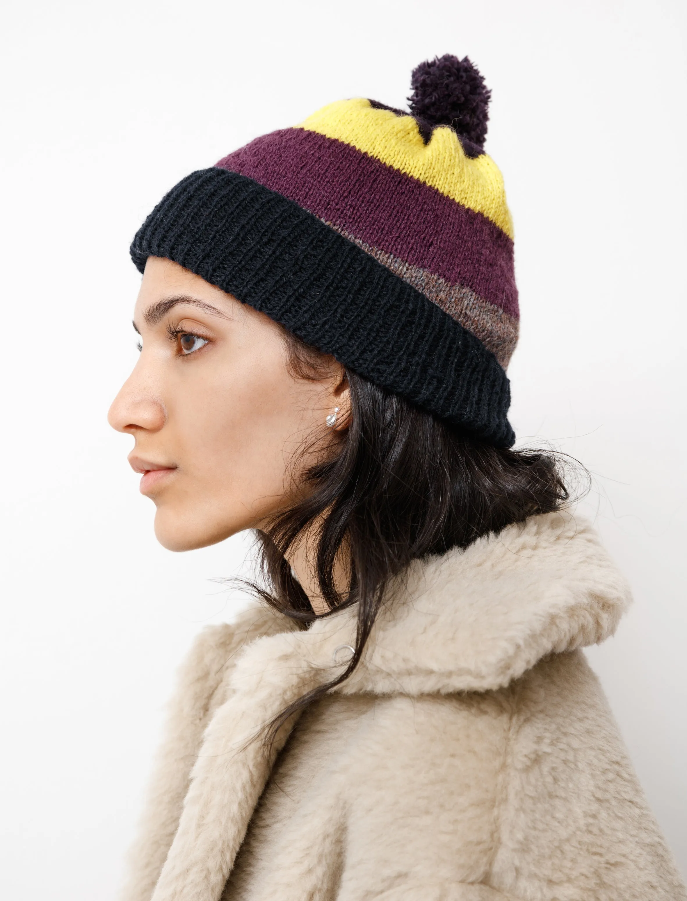 Fine Handknit Hat Bold Stripe Plum/Lemon