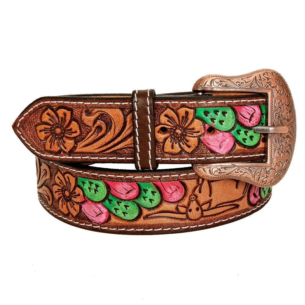 Floral Cactus Bull Hand Carved Western Leather Belt