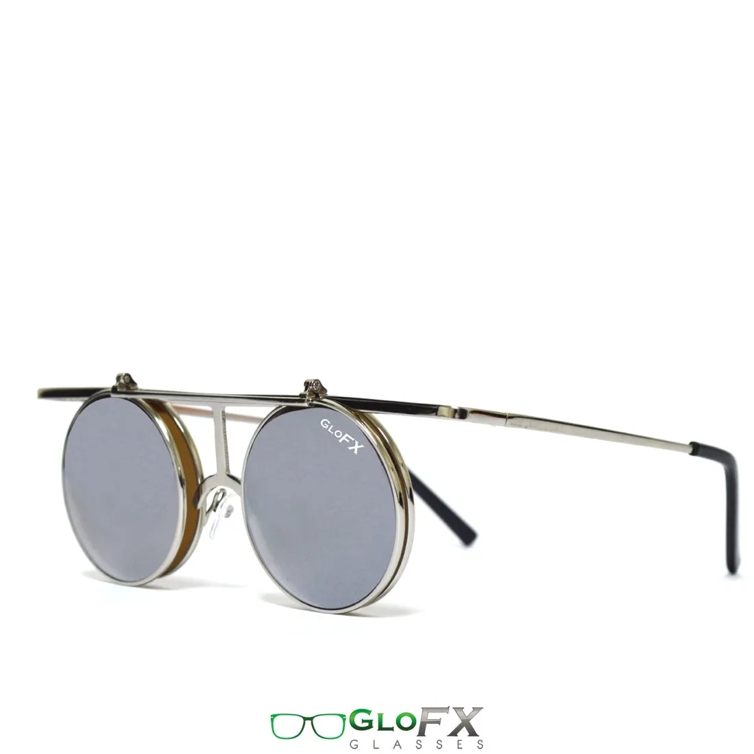 GloFX Vintage Flip Round Diffraction Glasses - Silver - Silver mirror