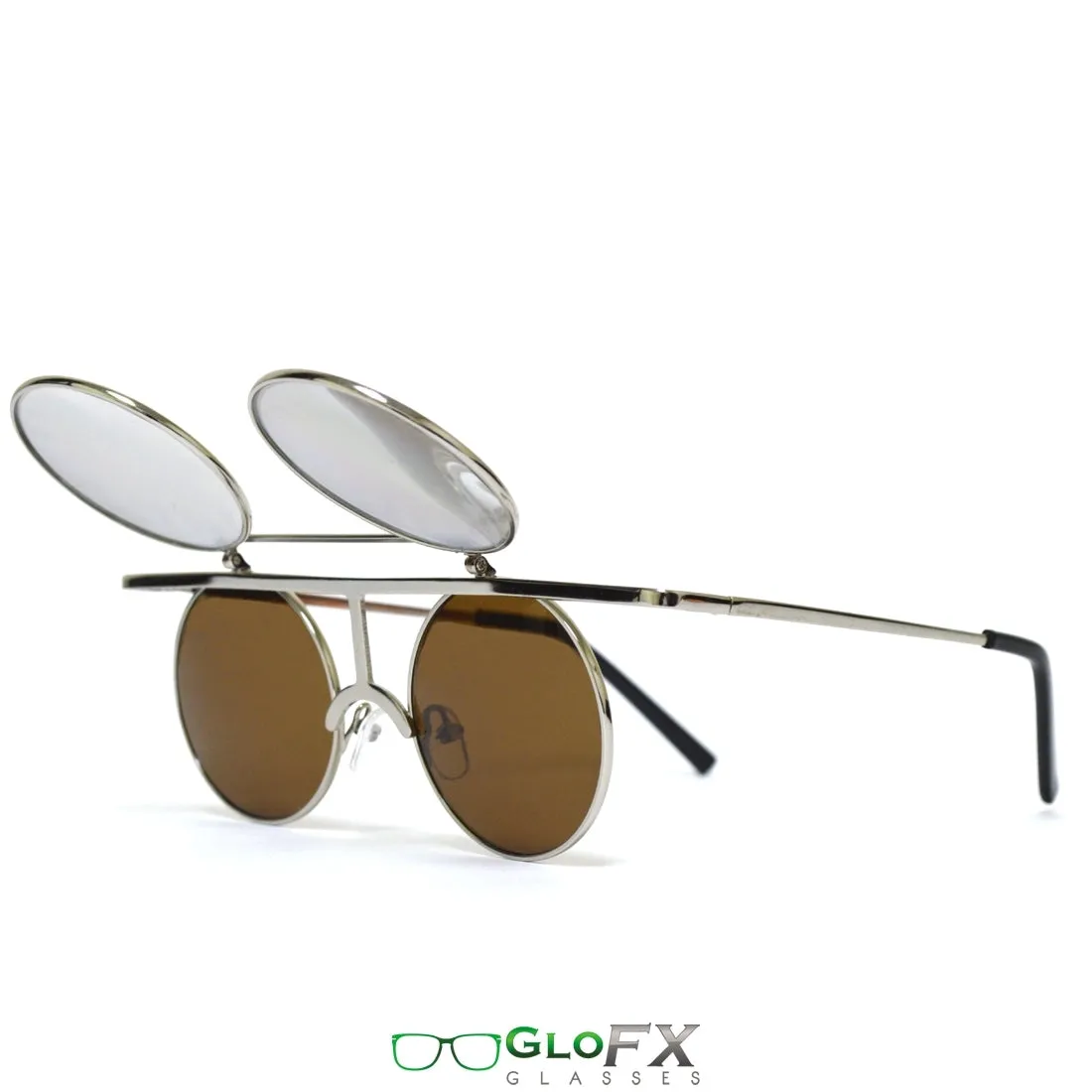 GloFX Vintage Flip Round Diffraction Glasses - Silver - Silver mirror