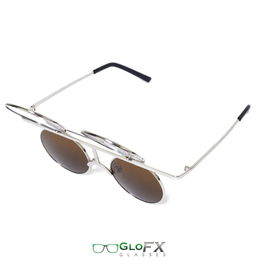 GloFX Vintage Flip Round Diffraction Glasses - Silver - Silver mirror