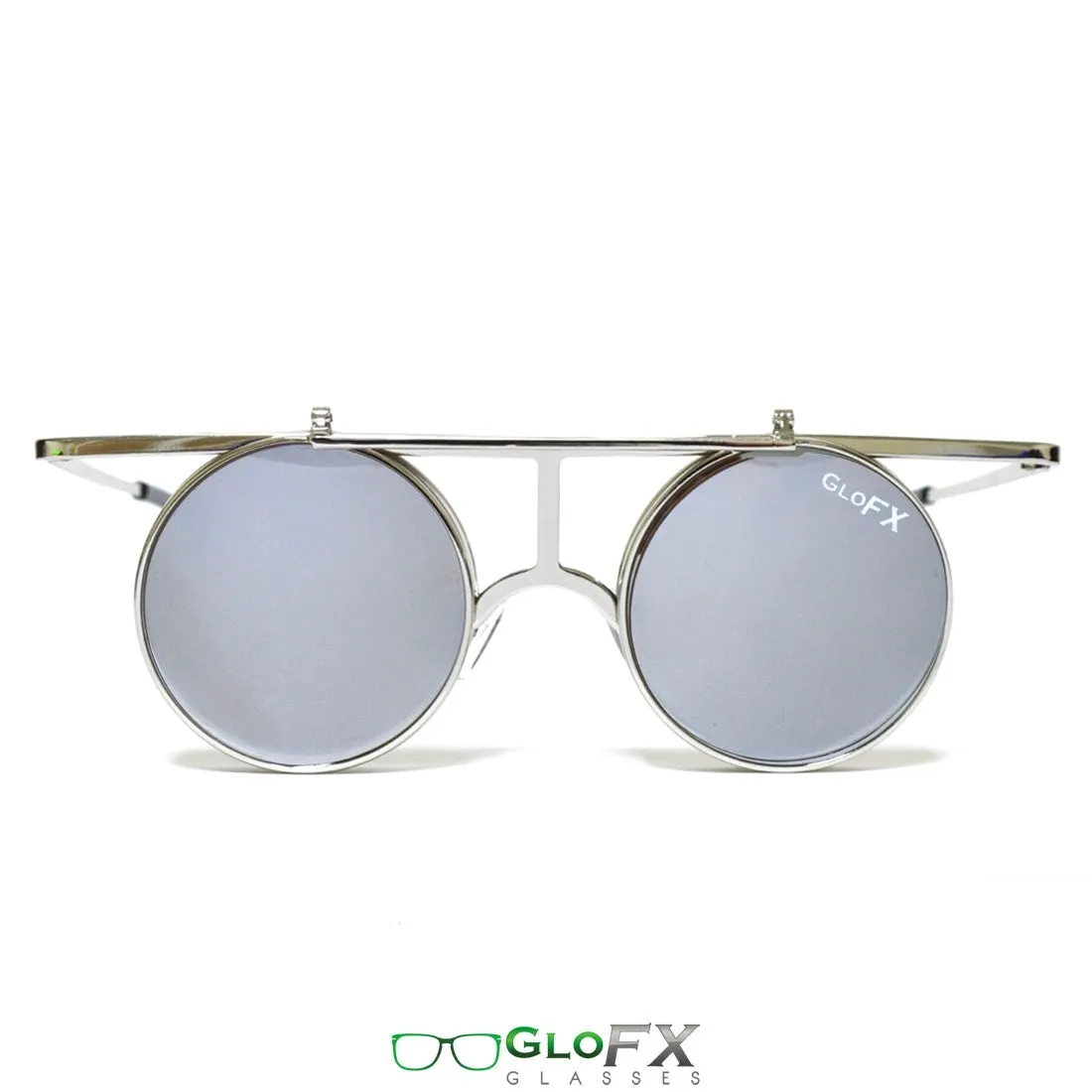 GloFX Vintage Flip Round Diffraction Glasses - Silver - Silver mirror