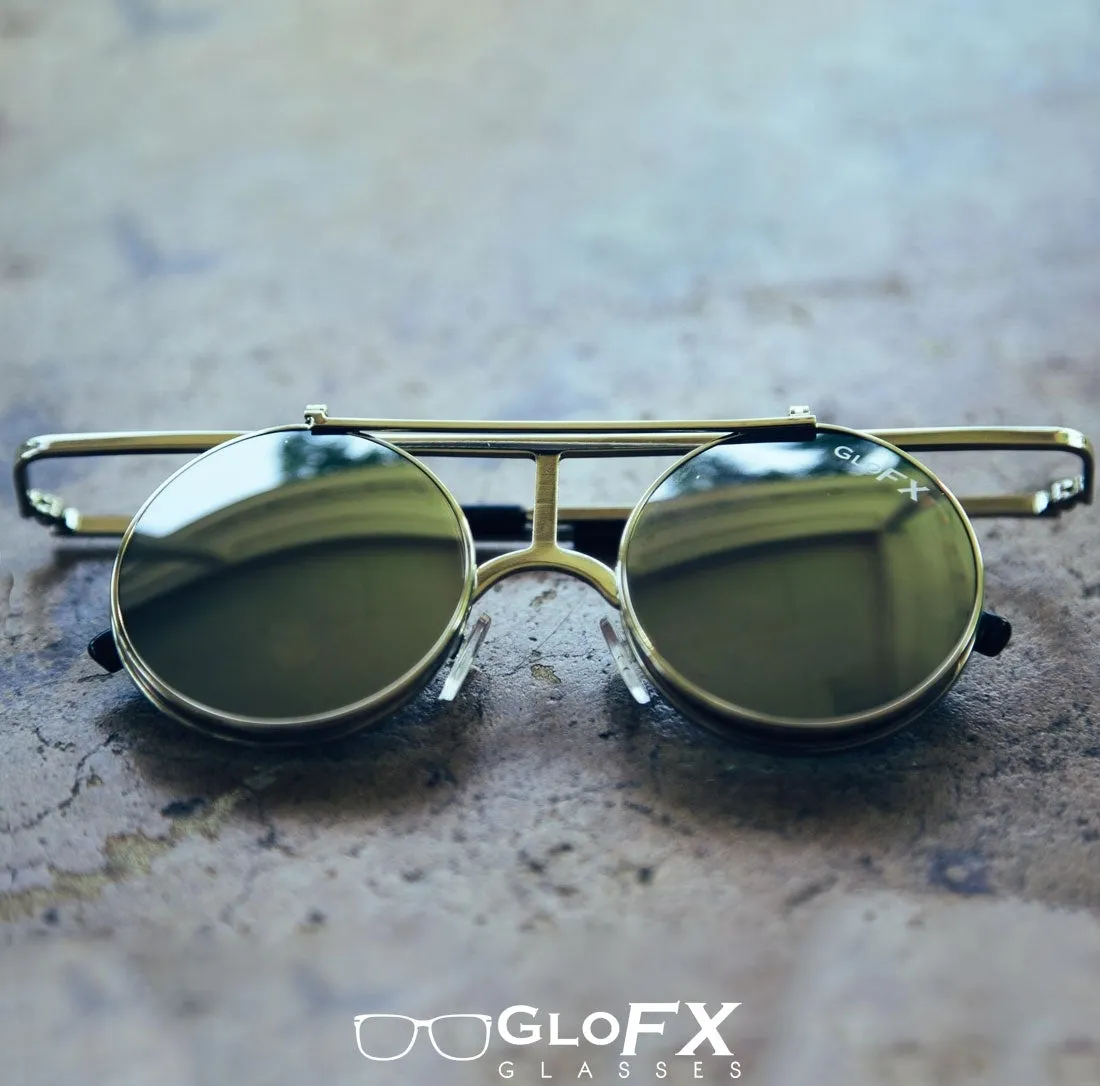 GloFX Vintage Flip Round Diffraction Glasses - Silver - Silver mirror