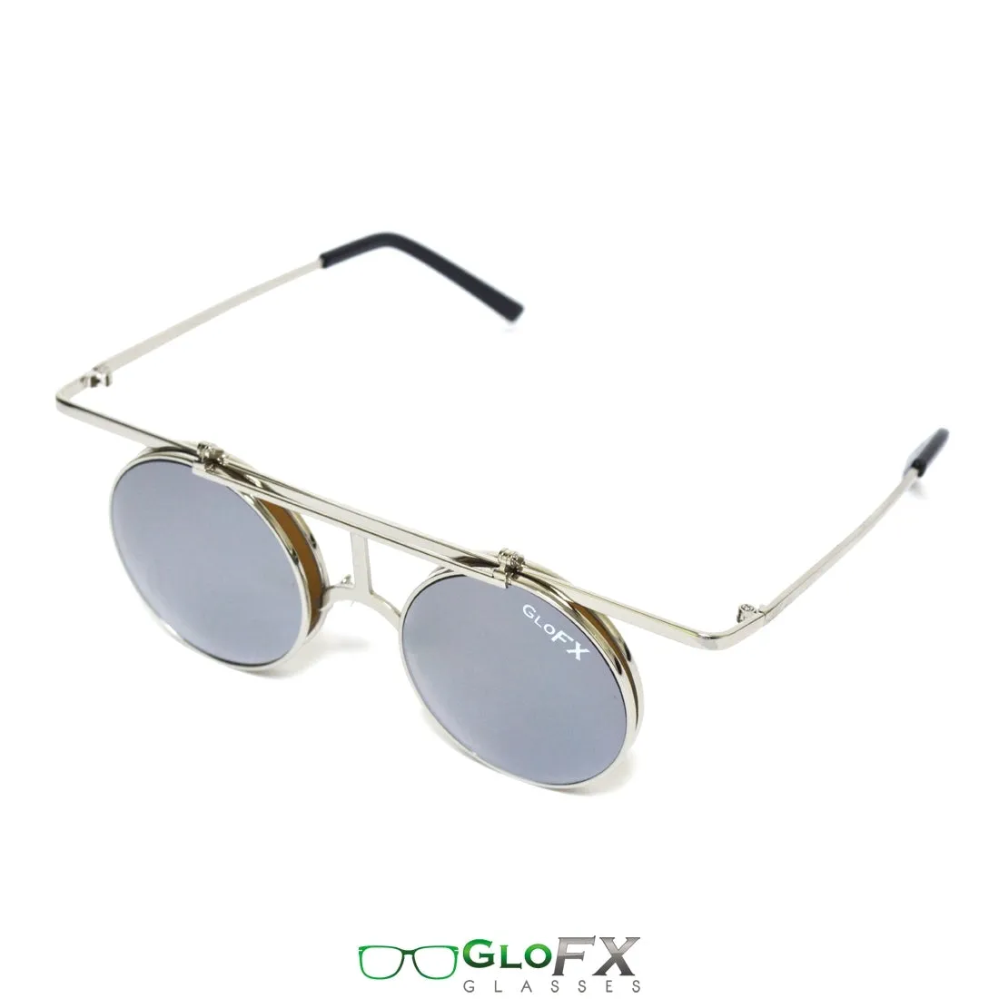 GloFX Vintage Flip Round Diffraction Glasses - Silver - Silver mirror