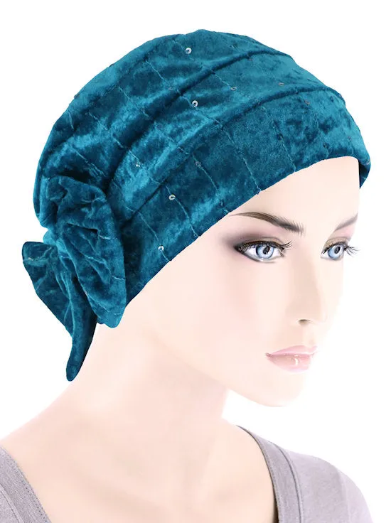 H150-TEALSAPPHIRE#Winter Cloche Bow Hat Teal Sapphire Sequin