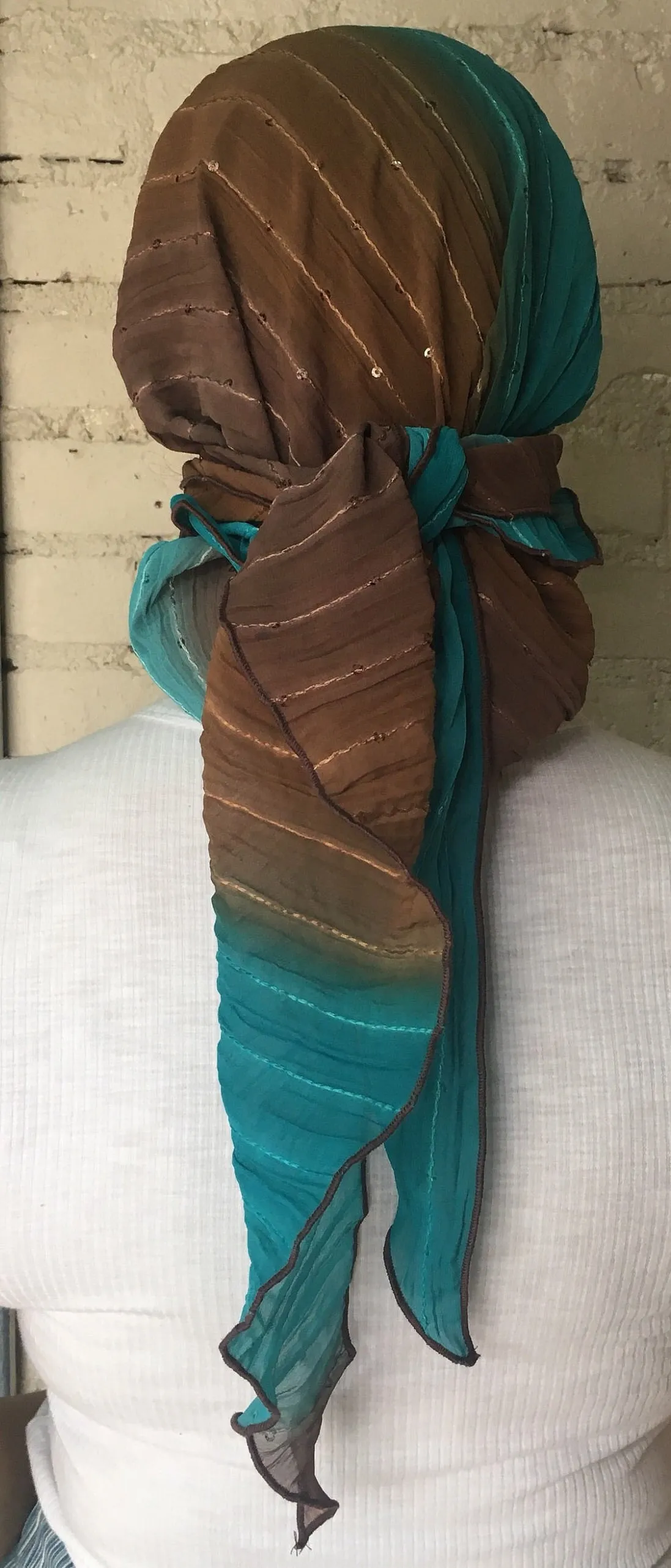 Headcovering Brown Turquoise Easy Slip On Style Sequined Pre Tied Stunning Head Scarf Hijab Head Wrap For Women