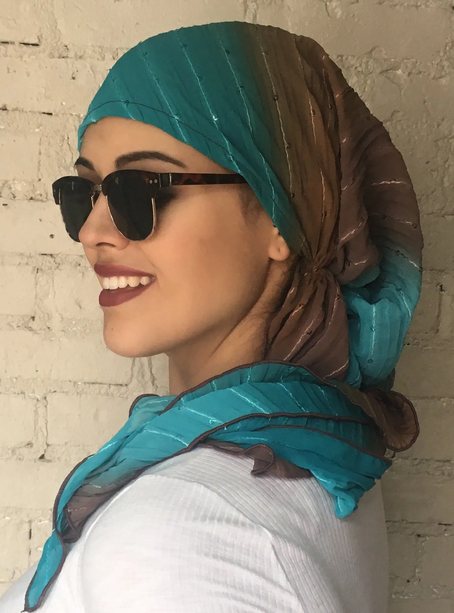 Headcovering Brown Turquoise Easy Slip On Style Sequined Pre Tied Stunning Head Scarf Hijab Head Wrap For Women