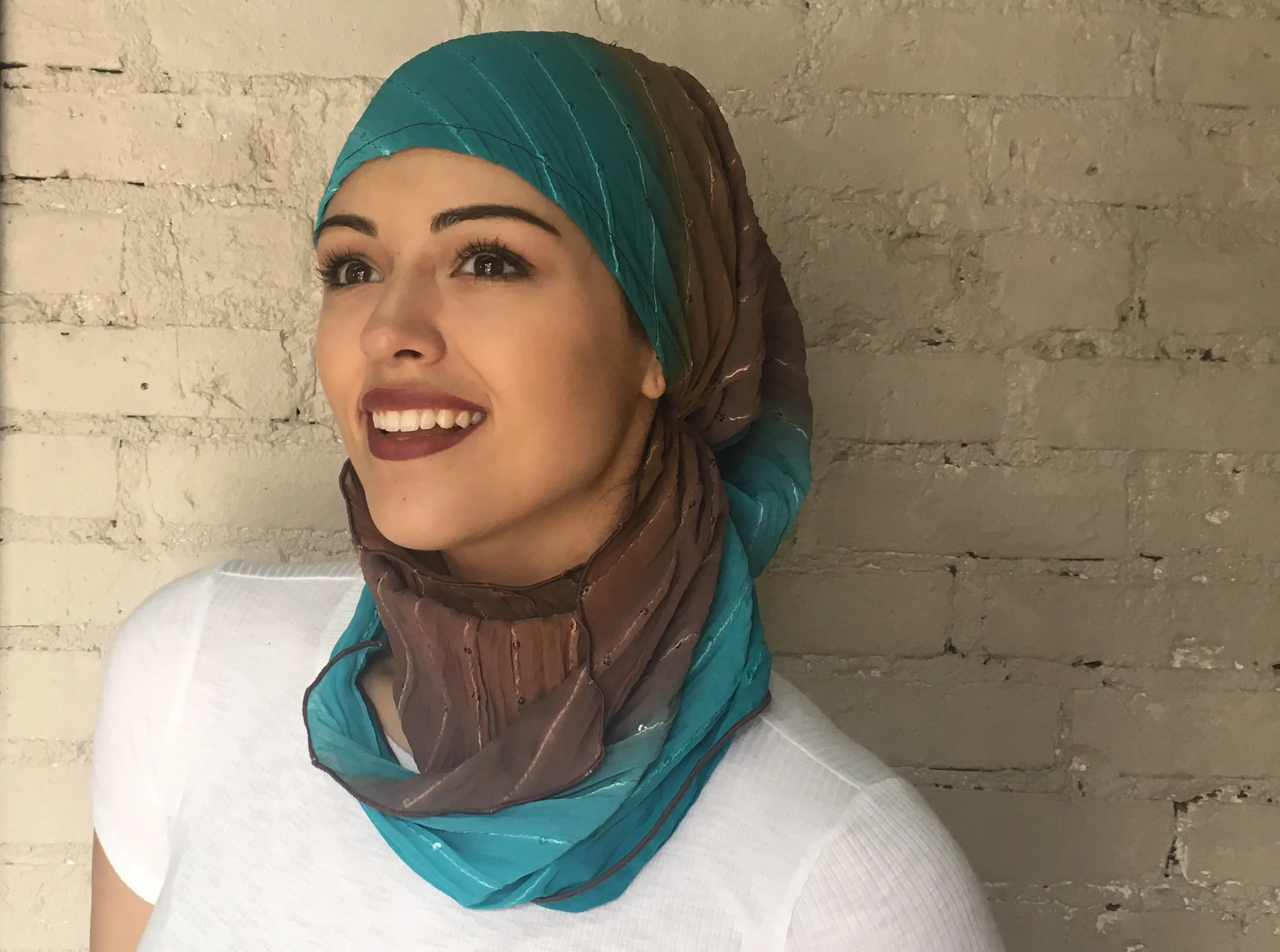 Headcovering Brown Turquoise Easy Slip On Style Sequined Pre Tied Stunning Head Scarf Hijab Head Wrap For Women