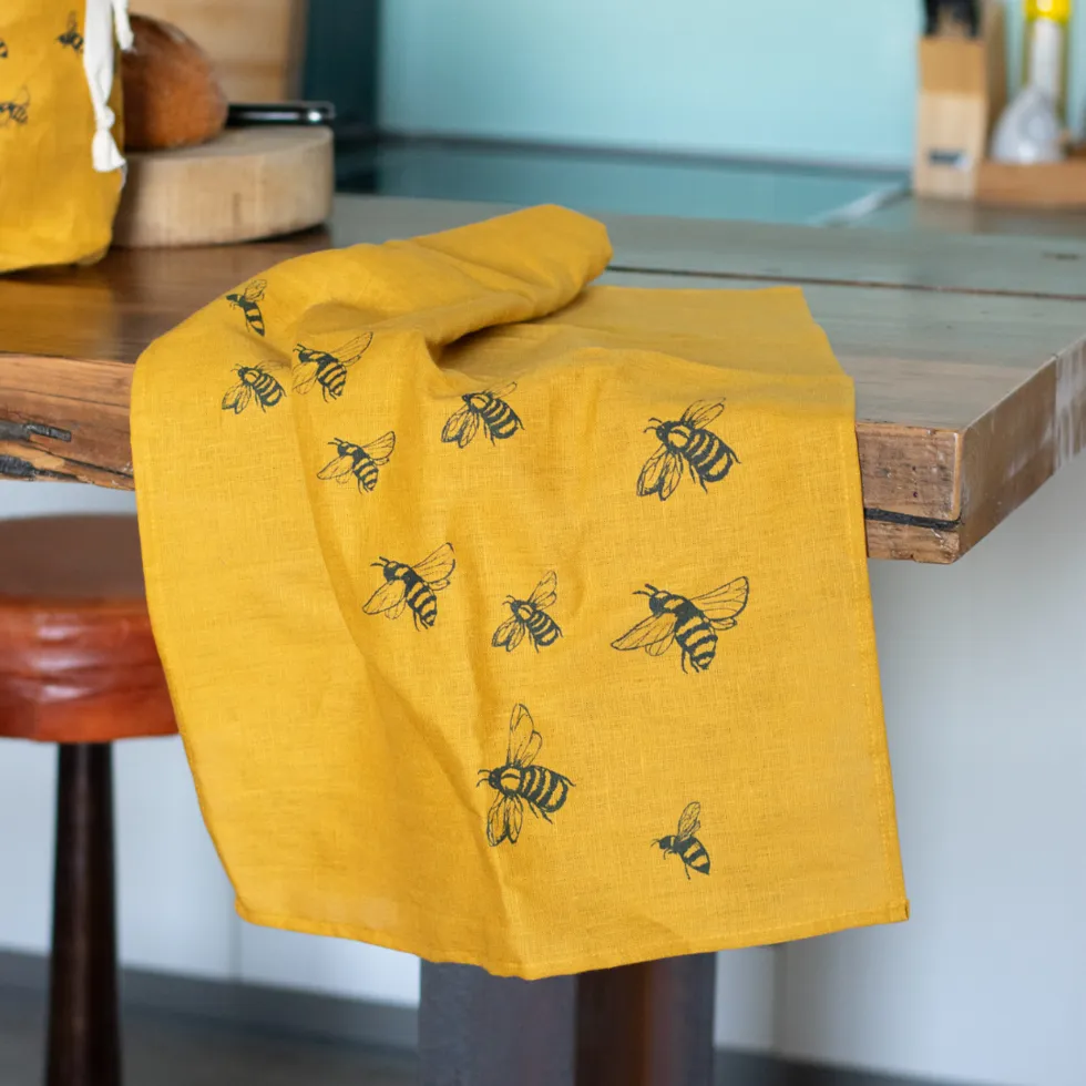 Helen Round Linen Bee Tea Towel: Mustard