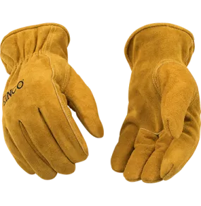 Kinco 50RL-KM Kids Golden Full Suede Cowhide Easy-On Cuff Shirred Elastic Wrist Drivers Gloves (One Dozen)