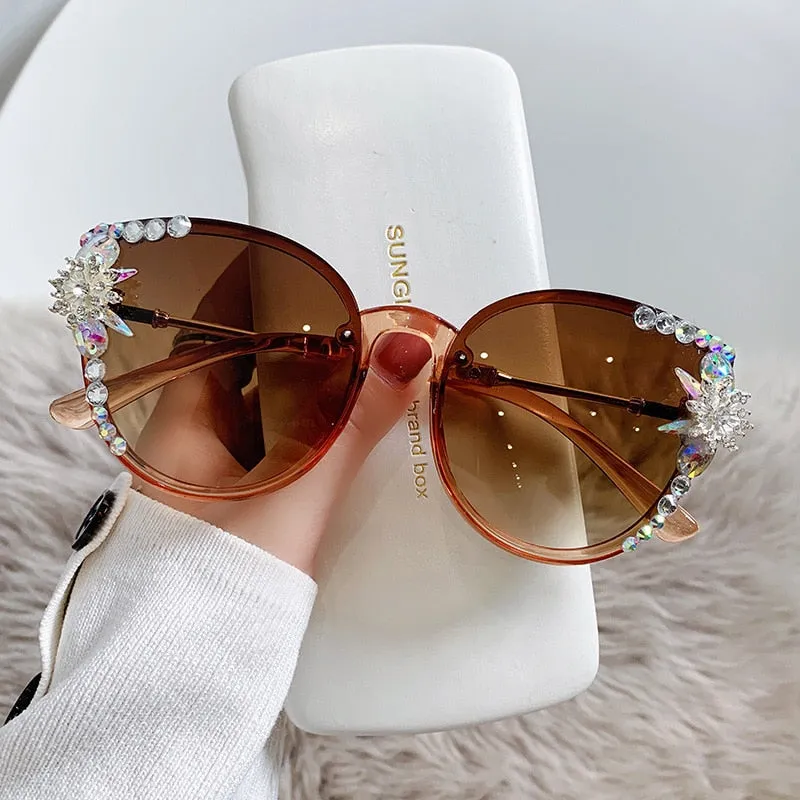 Ladies Sunglasses Women Brand Designer Luxury Oversize Rhinestone Cat Eye Crystal Retro Diamond Square Sun Glasses For Female