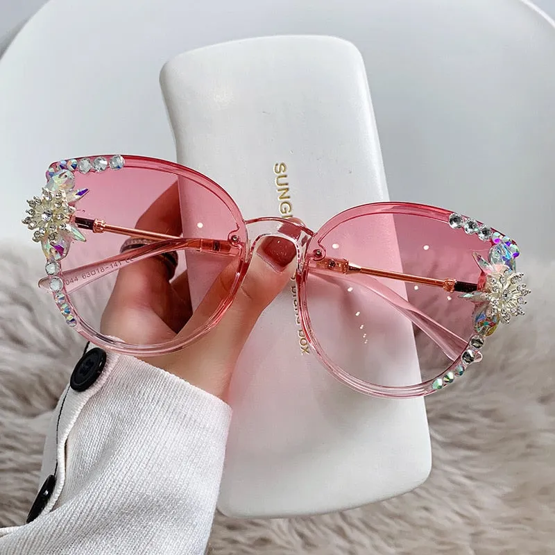 Ladies Sunglasses Women Brand Designer Luxury Oversize Rhinestone Cat Eye Crystal Retro Diamond Square Sun Glasses For Female