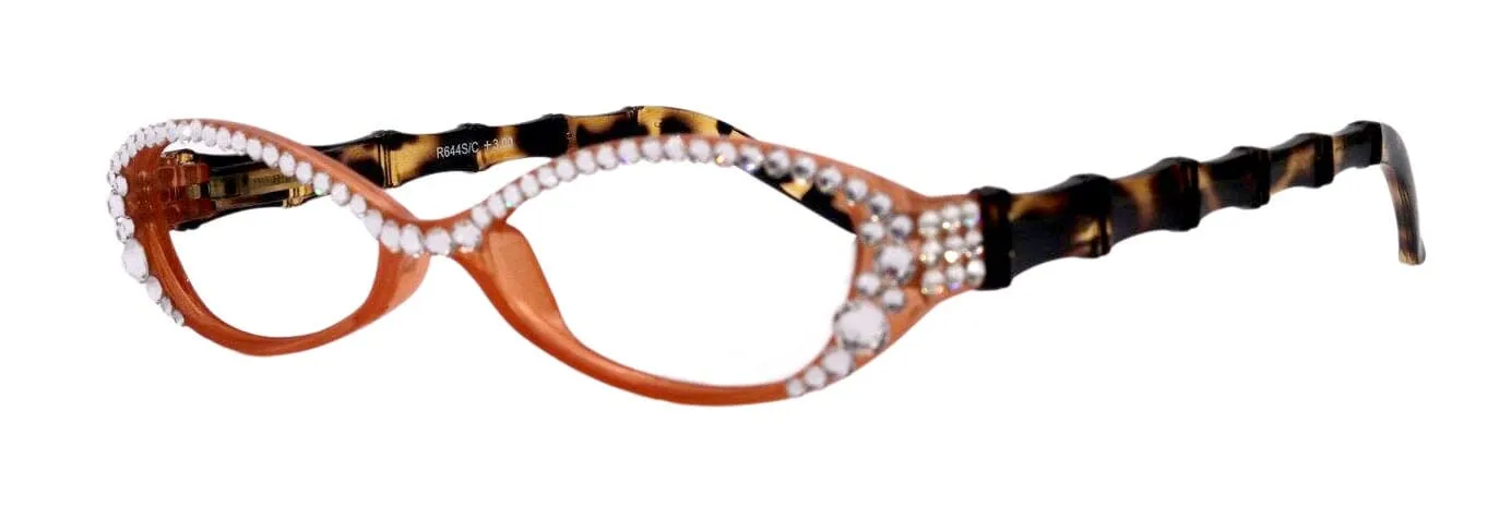 Lucky, Bling Reading Glasses, High End Readers  1.25  1.50  1.75 ..  3 Cat Eye. Bamboo Temple. (Orange) Optical Frames NY Fifth Avenue.