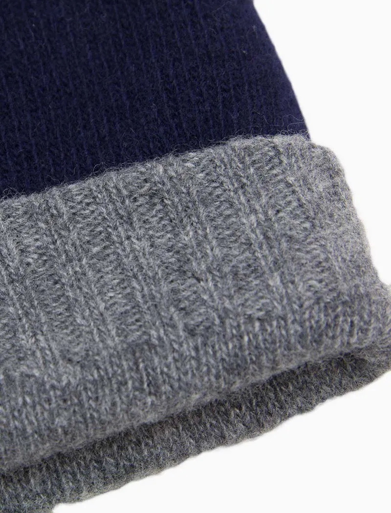 Navy & Grey Reversible Fitted Wool & Cashmere Beanie