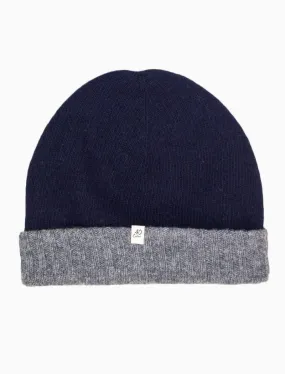 Navy & Grey Reversible Fitted Wool & Cashmere Beanie