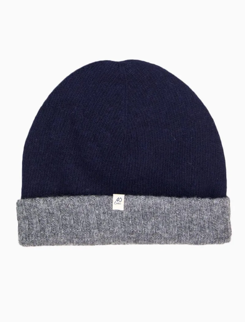 Navy & Grey Reversible Fitted Wool & Cashmere Beanie