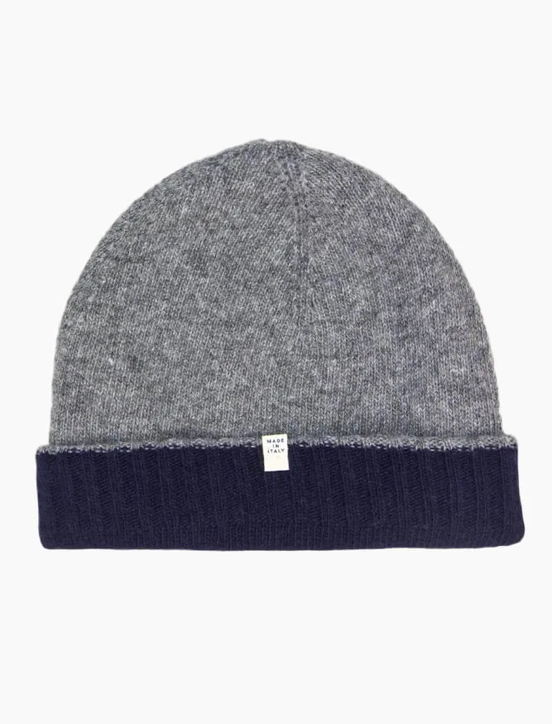 Navy & Grey Reversible Fitted Wool & Cashmere Beanie