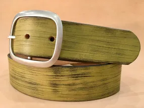 Olive Green Distressed Leather Snap Belt with Antique Silver or Brass Buckle