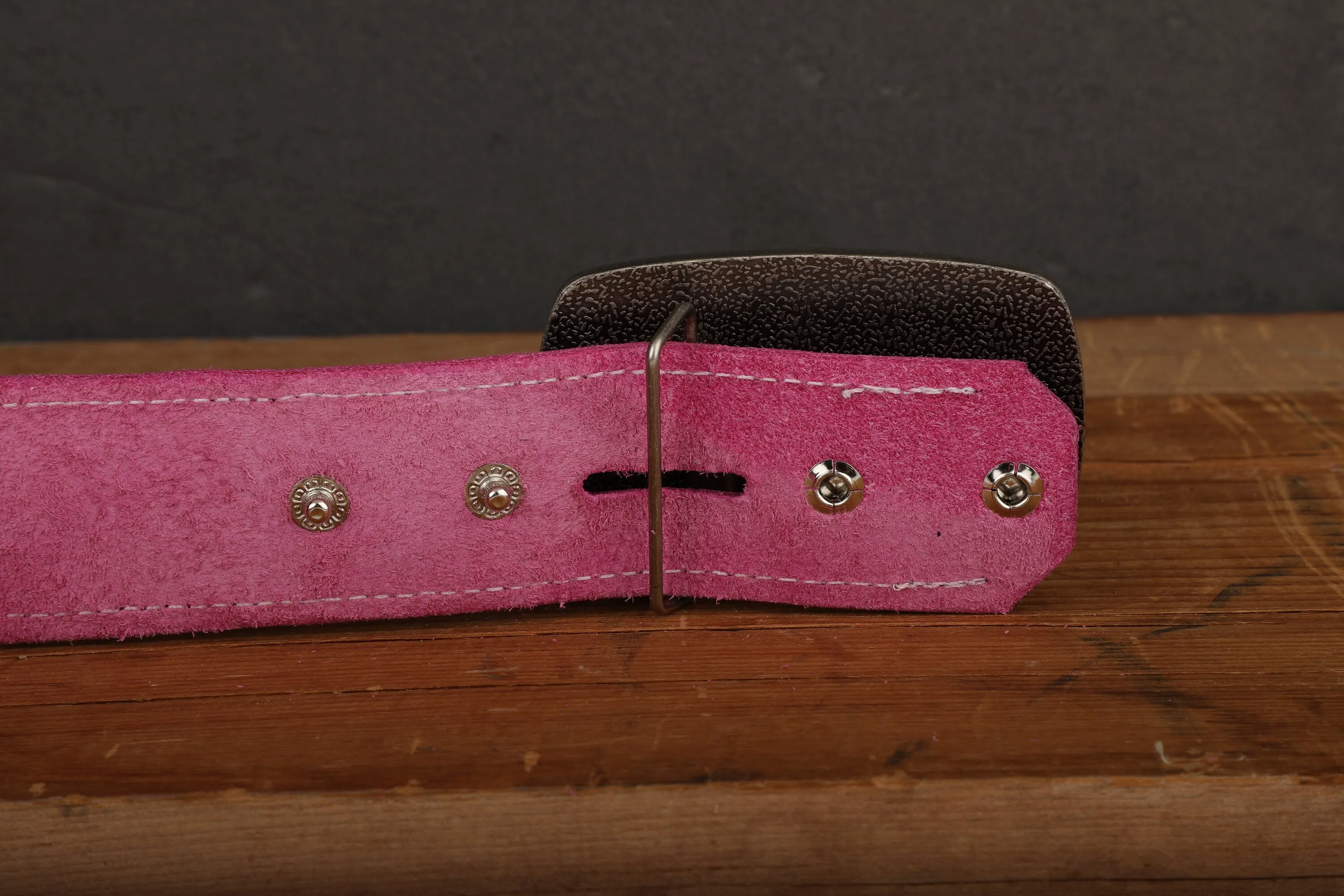 Pink Leather Belt with White Stitch and Antique Silver Buckle