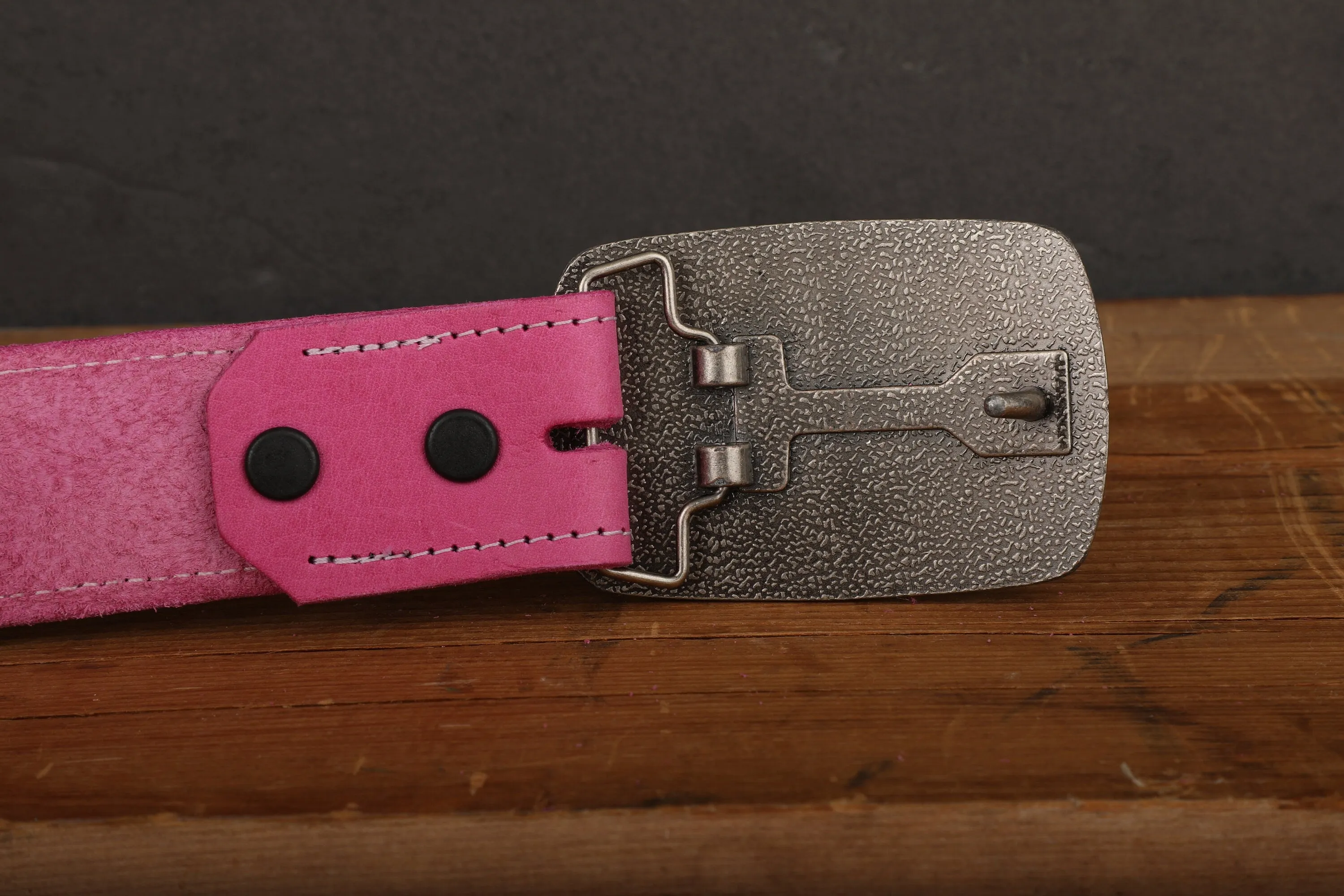 Pink Leather Belt with White Stitch and Antique Silver Buckle