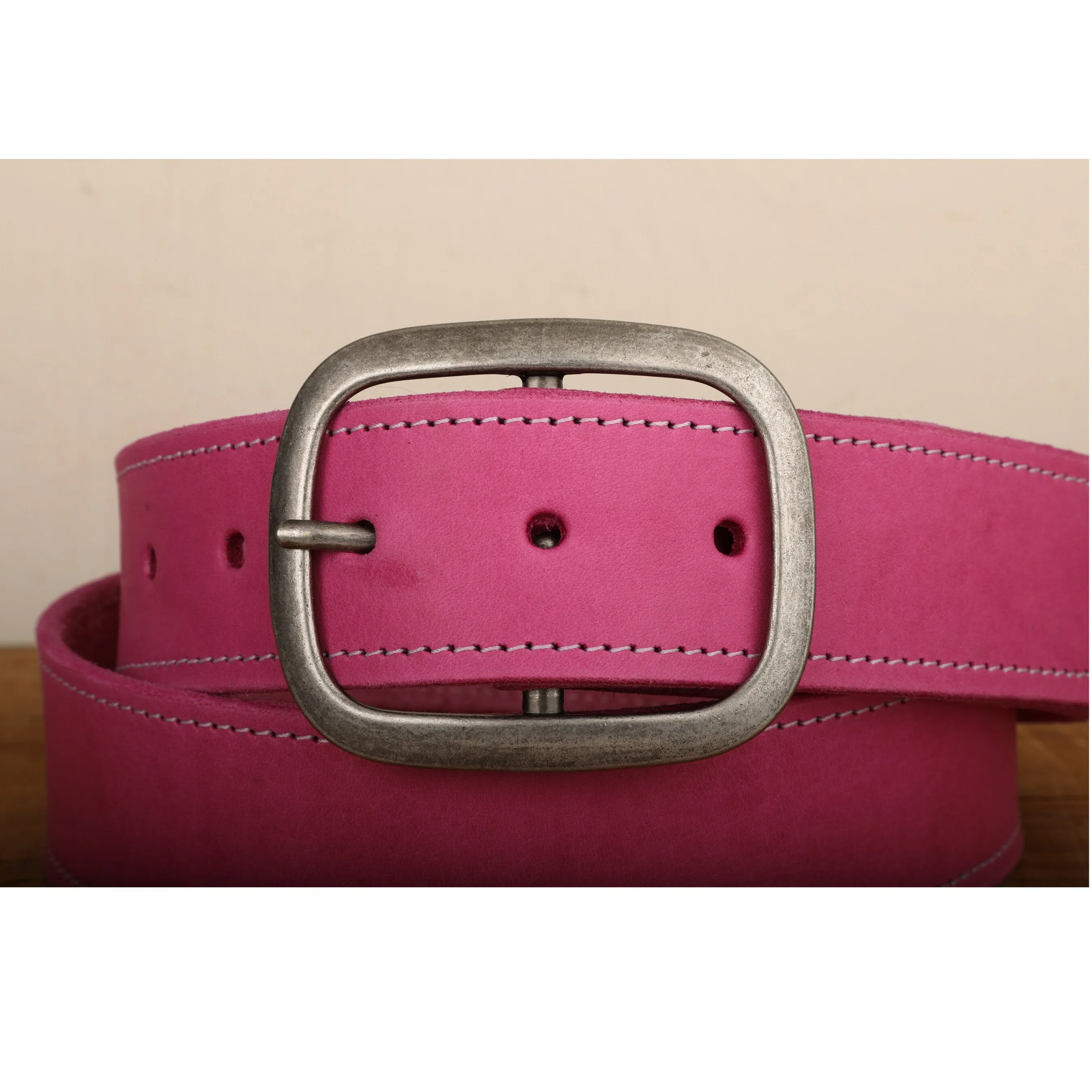 Pink Leather Belt with White Stitch and Antique Silver Buckle