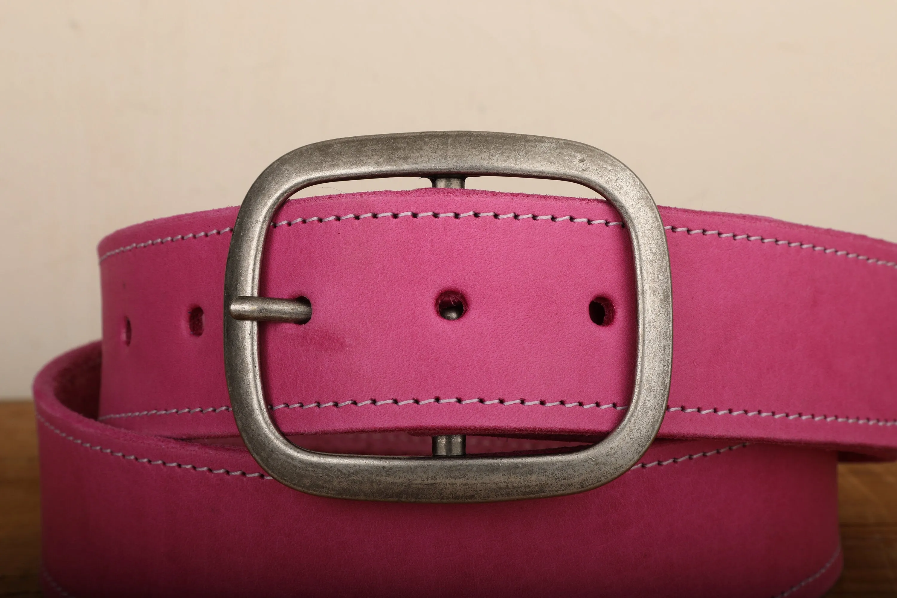 Pink Leather Belt with White Stitch and Antique Silver Buckle