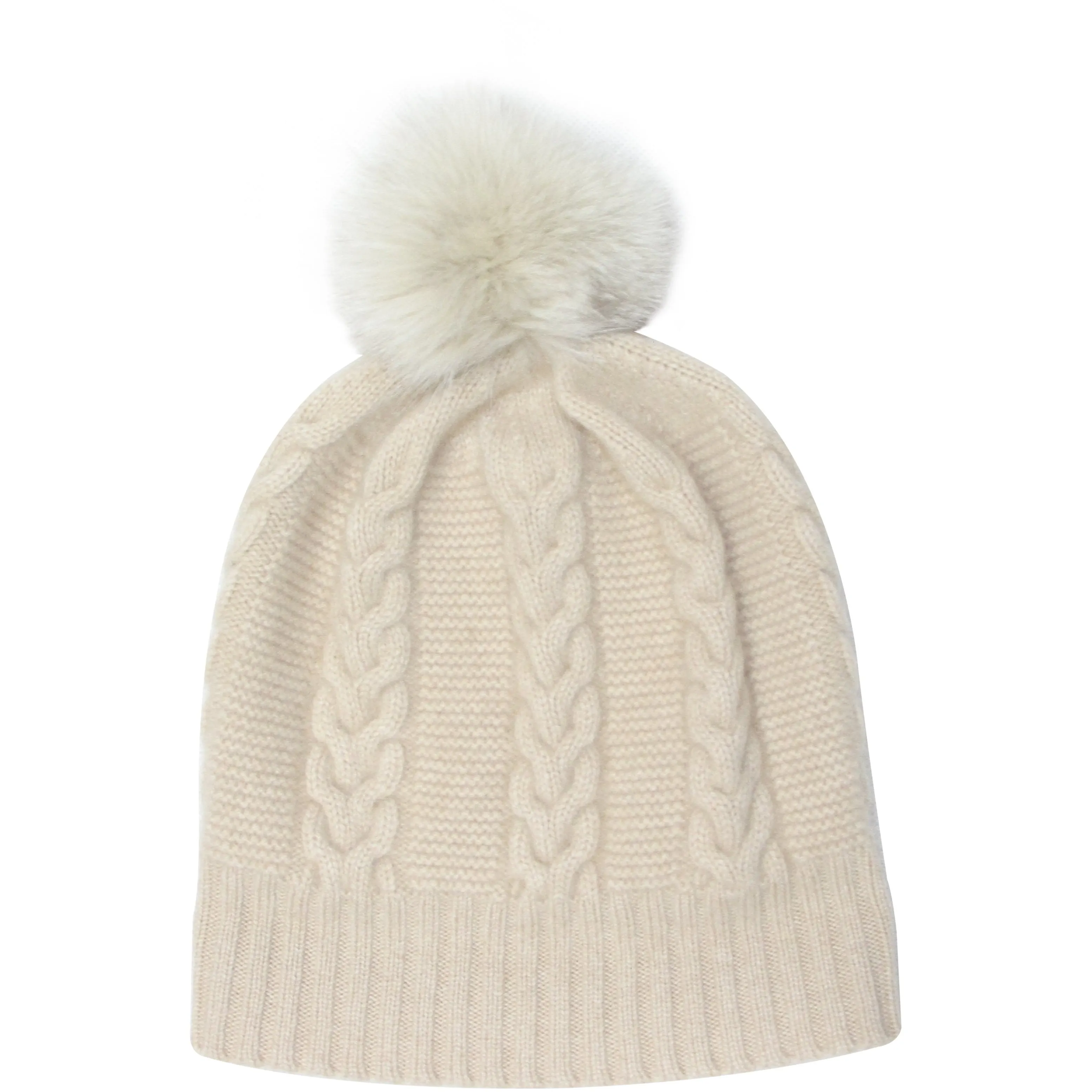 Pom-pom Cable Knit Cashmere Beanie Hat