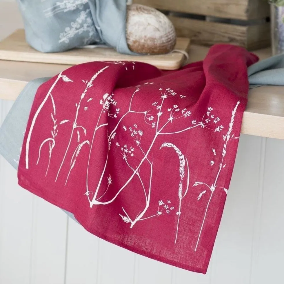 Raspberry Linen Tea Towel with Hedgerow Design