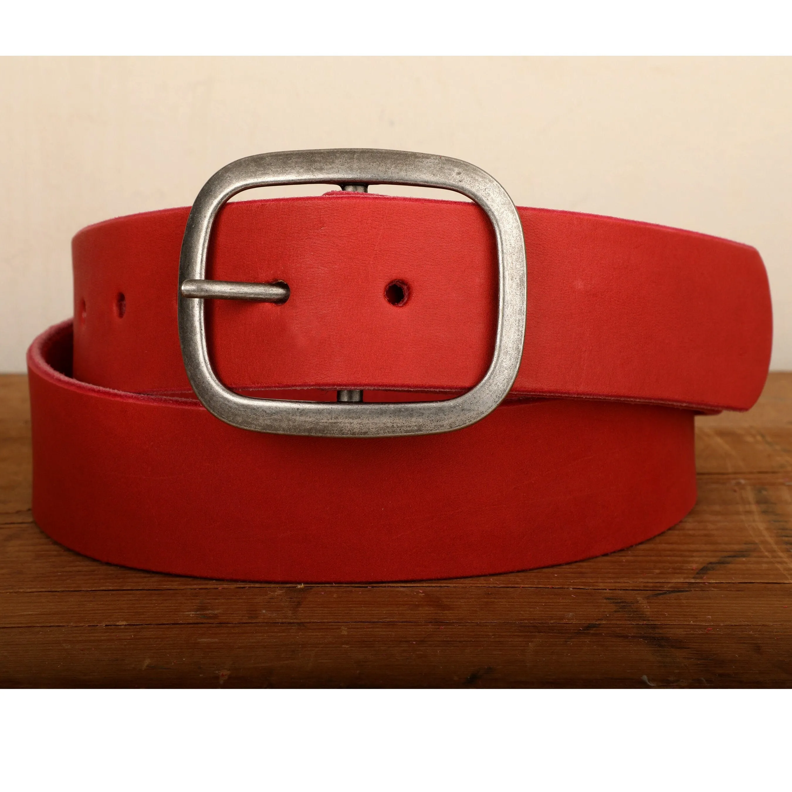 Red Leather Belt - Snap Closure - Handmade in USA - Wide Antique Silver Tone Nickel Buckle