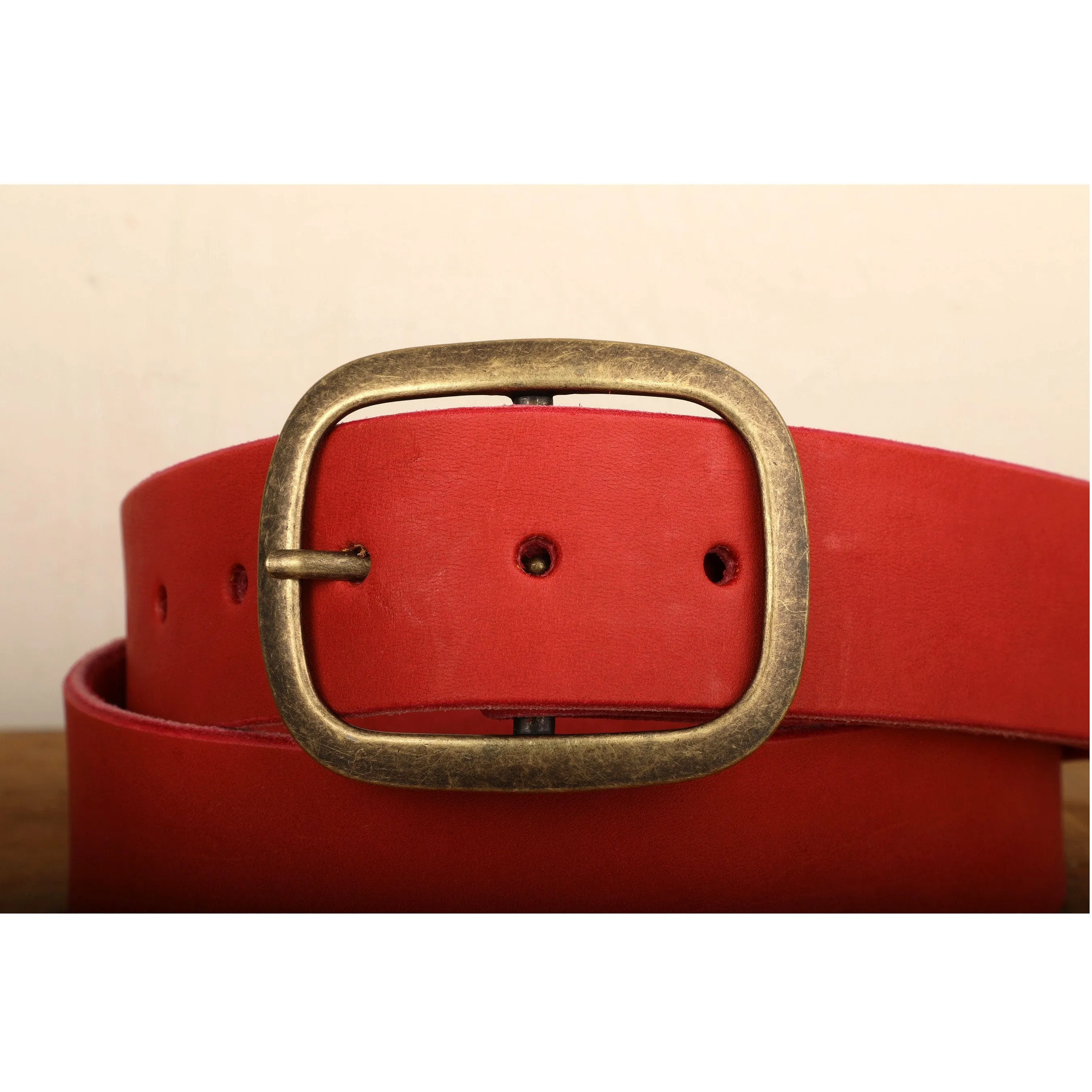 Red Leather Belt with Antique Brass Buckle