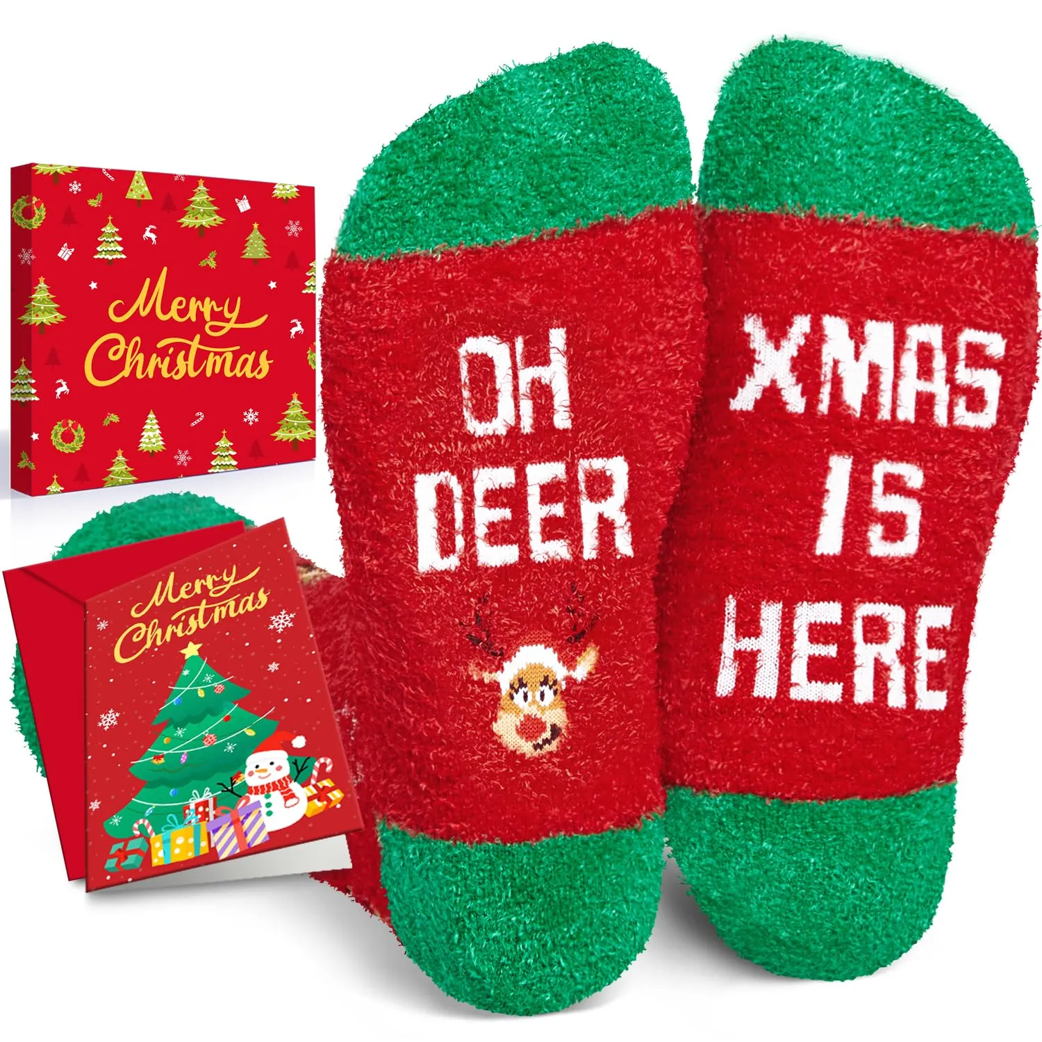 Reindeer Socks for Women Men - Christmas Stocking Stuffers, Secret Santa Xmas Gifts for Adults with Greeting Card